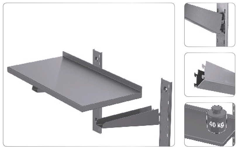 Wandschap dubbel verstelbaar, 1700x400x670mm, RVS, 3 muurbeugels, belastbaar tot 50 kg per plank