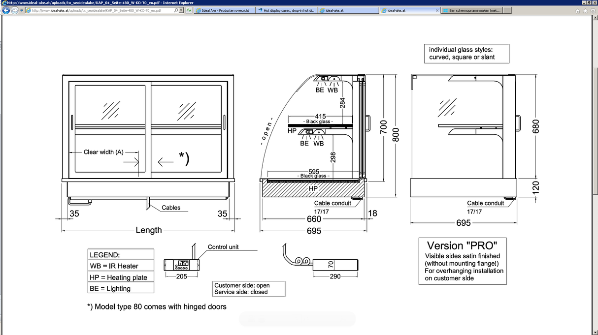 Inbouw warmhoudvitrine hoekig, W KOE-112-70, 1125x695x700mm